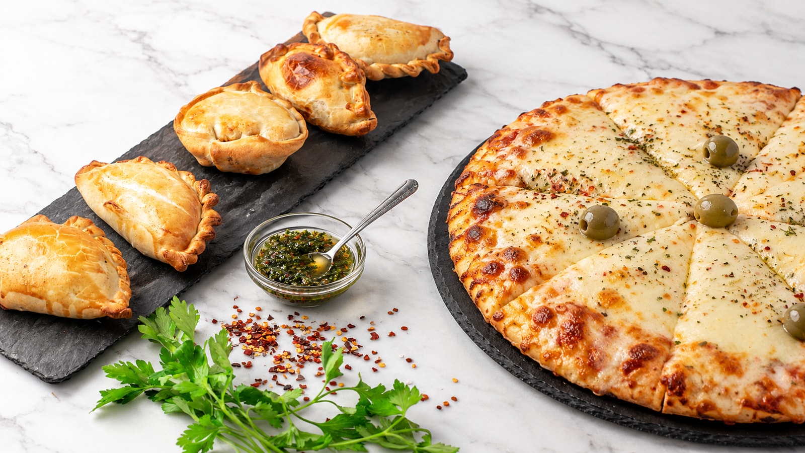 Empanadas and Grande de Muzza pizza on slate serving boards