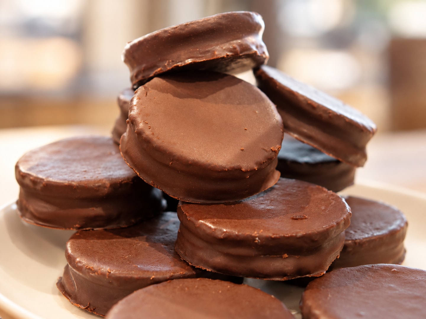 A stack of chocolate-covered María Luisa alfajores