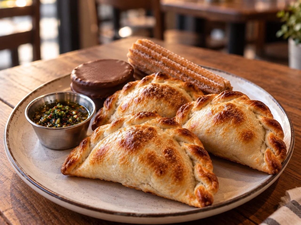 Empanadas, chimichurri, an alfajor and a churro on a plate