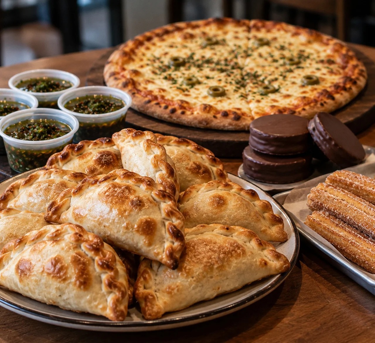 A spread of empanadas, mozzarella pizza, chimichurri and sweets